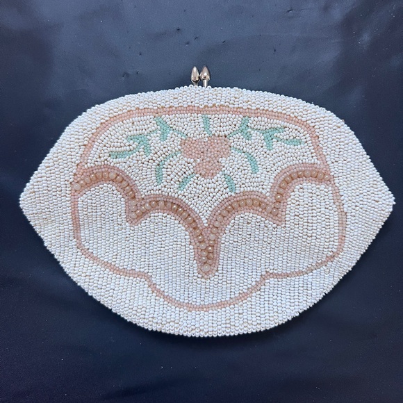 Vintage Beaded Finger Clutch Belt Bag Cream Floral Hand Made in Belgium 1940s